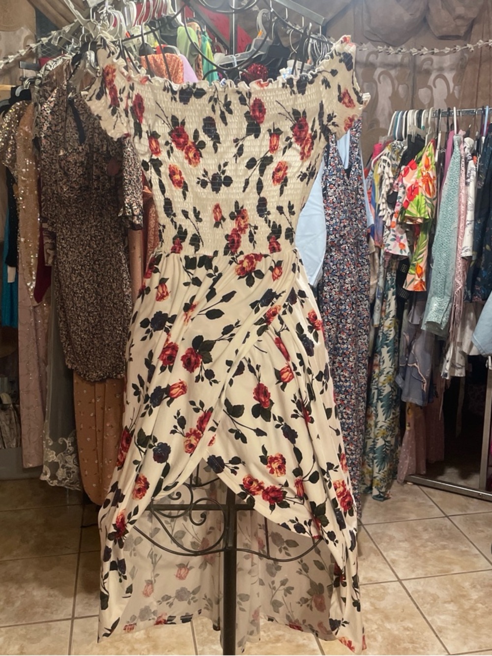 J for Justify Cream Floral Off-Shoulder High-Low Dress